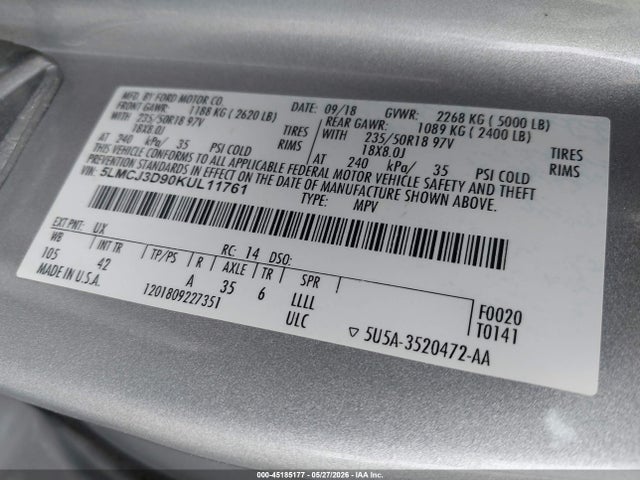 Продажа на аукционе авто 2019 Lincoln Mkc Reserve, vin: 5LMCJ3D90KUL11761, номер лота: 45185177