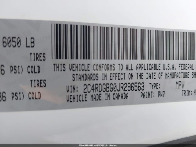 2018 Dodge Grand Caravan Se მანქანა იყიდება აუქციონზე, vin: 2C4RDGBG0JR296563, აუქციონის ნომერი: 45185182