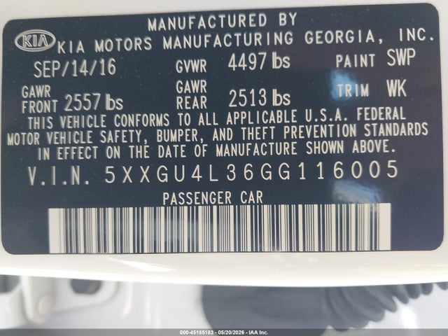 Aukcja sprzedaży 2016 Kia Optima Ex, vin: 5XXGU4L36GG116005, numer aukcji: 45185183