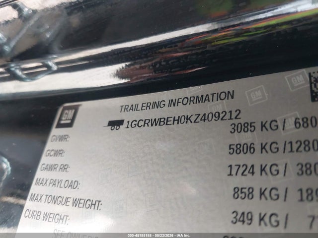 Aukcja sprzedaży 2019 Chevrolet Silverado 1500 Custom, vin: 1GCRWBEH0KZ409212, numer aukcji: 45185188