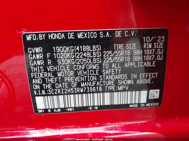 3CZRZ2H53RM739618 Honda Hr-v Awd Sport/awd Sport W/o Bsi