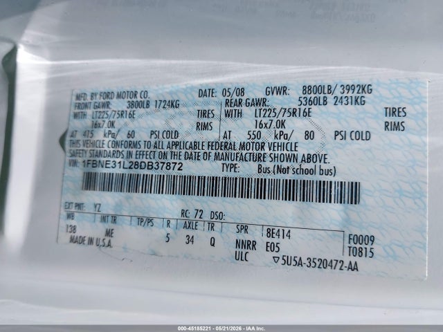 Aukcja sprzedaży 2008 Ford E-350 Super Duty Xl/xlt, vin: 1FBNE31L28DB37872, numer aukcji: 45185221