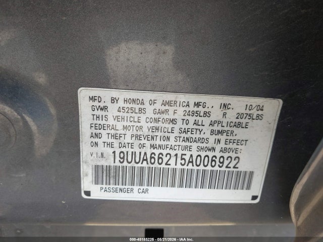 45185225 :رقم المزاد ، 19UUA66215A006922 vin ، 2005 Acura Tl مزاد بيع