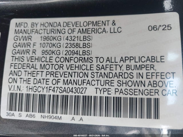 Aukcja sprzedaży 2025 Honda Accord Se, vin: 1HGCY1F47SA043027, numer aukcji: 45185227