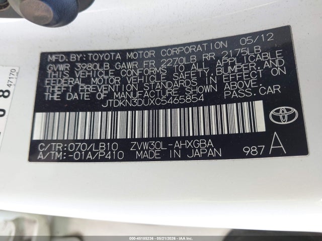 Aukcja sprzedaży 2012 Toyota Prius Four, vin: JTDKN3DUXC5465854, numer aukcji: 45185236
