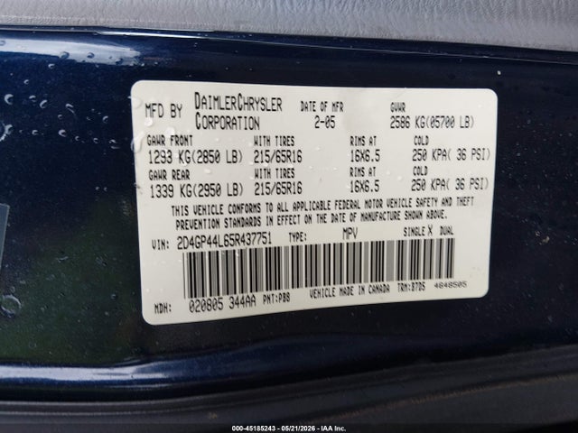 2005 Dodge Grand Caravan Sxt მანქანა იყიდება აუქციონზე, vin: 2D4GP44L65R437751, აუქციონის ნომერი: 45185243