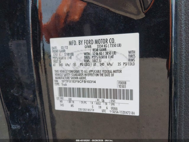 Продаж на аукціоні авто 2012 Ford F-150 Xlt, vin: 1FTFX1EF9CFB10314, номер лоту: 45185261