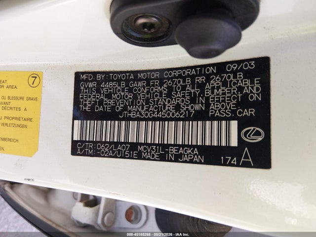2004 Lexus Es 330 მანქანა იყიდება აუქციონზე, vin: JTHBA30G445006217, აუქციონის ნომერი: 45185268