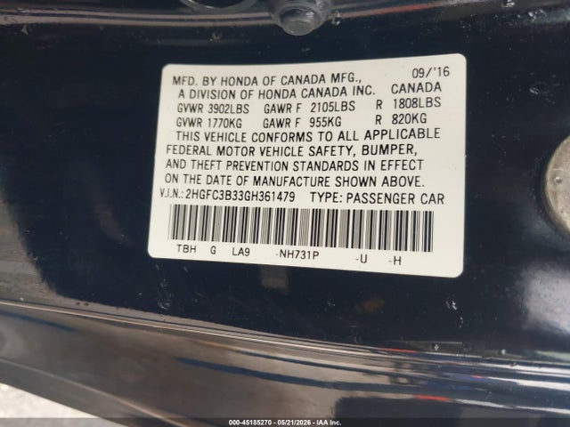 Продаж на аукціоні авто 2016 Honda Civic Ex-t, vin: 2HGFC3B33GH361479, номер лоту: 45185270