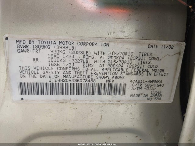 Продажа на аукционе авто 2003 Toyota Rav4, vin: JTEHH20V436078488, номер лота: 45185275