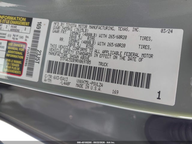 Aukcja sprzedaży 2024 Toyota Tundra Hybrid Limited 4wd, vin: 5TFWC5DB9RX069705, numer aukcji: 45185285