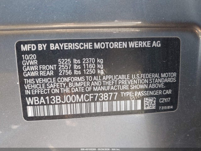 45185289 :رقم المزاد ، WBA13BJ00MCF73877 vin ، 2021 Bmw 530i Xdrive مزاد بيع