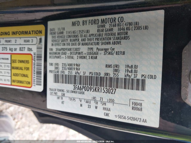 Aukcja sprzedaży 2019 Ford Fusion Titanium, vin: 3FA6P0D95KR153027, numer aukcji: 45185290
