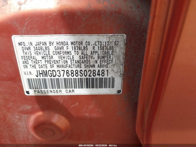 45185294 :رقم المزاد ، JHMGD37688S028481 vin ، 2008 Honda Fit Sport مزاد بيع