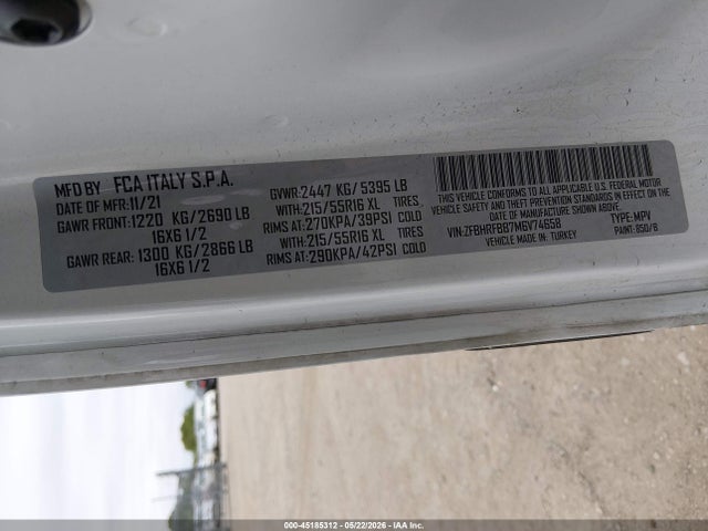 45185312 :رقم المزاد ، ZFBHRFBB7M6V74658 vin ، 2021 Ram Promaster City Tradesman Slt مزاد بيع