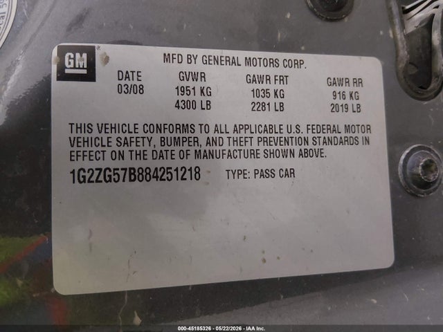 2008 Pontiac G6 მანქანა იყიდება აუქციონზე, vin: 1G2ZG57B884251218, აუქციონის ნომერი: 45185326