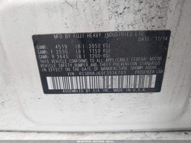 45185328 :رقم المزاد ، 4S3BNAJ60F3036703 vin ، 2015 Subaru Legacy 2.5i Limited مزاد بيع