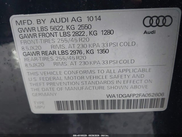 Продажа на аукционе авто 2015 Audi Q5 3.0t Premium Plus, vin: WA1DGAFP2FA052606, номер лота: 45185329