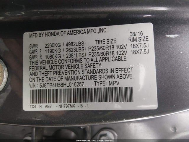 2017 Acura Rdx Technology   Acurawatch Plus Packages/w/technology Package მანქანა იყიდება აუქციონზე, vin: 5J8TB4H58HL015257, აუქციონის ნომერი: 45185335