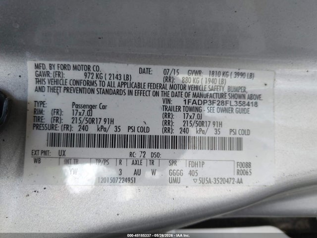 45185337 :رقم المزاد ، 1FADP3F28FL358418 vin ، 2015 Ford Focus Se مزاد بيع