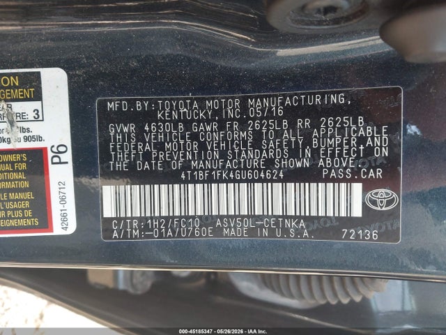 2016 Toyota Camry Le მანქანა იყიდება აუქციონზე, vin: 4T1BF1FK4GU604624, აუქციონის ნომერი: 45185347