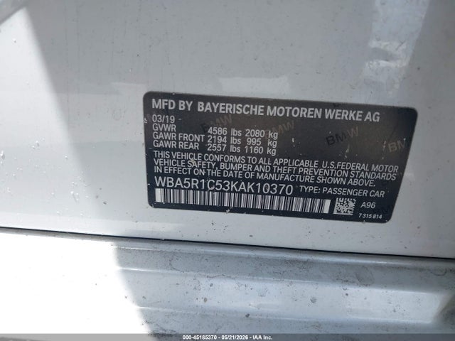 Aukcja sprzedaży 2019 Bmw 330i, vin: WBA5R1C53KAK10370, numer aukcji: 45185370
