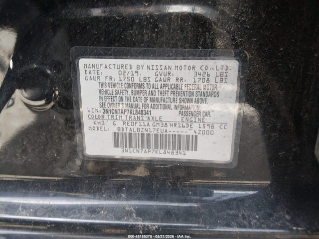 2019 Nissan Versa 1.6 Sv მანქანა იყიდება აუქციონზე, vin: 3N1CN7AP7KL848341, აუქციონის ნომერი: 45185375