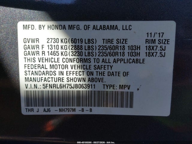 5FNRL6H75JB063911 Honda Odyssey Ex-l