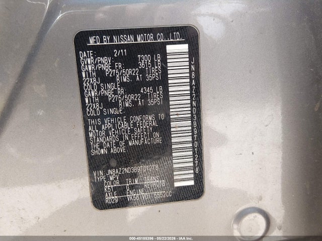 Aukcja sprzedaży 2011 Infiniti Qx56, vin: JN8AZ2ND3B9701278, numer aukcji: 45185396