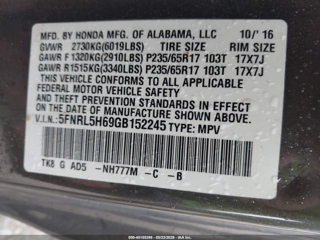 Aukcja sprzedaży 2016 Honda Odyssey Ex-l, vin: 5FNRL5H69GB152245, numer aukcji: 45185398