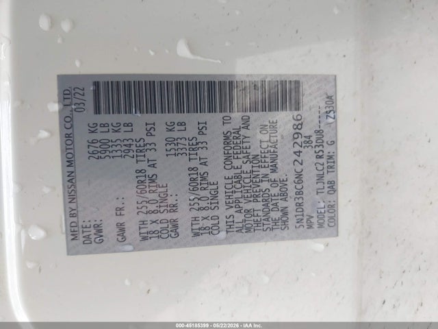 Продажа на аукционе авто 2022 Nissan Pathfinder Sv 4wd, vin: 5N1DR3BC6NC242986, номер лота: 45185399