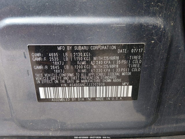 Aukcja sprzedaży 2018 Subaru Outback 2.5i Limited, vin: 4S4BSANC7J3202938, numer aukcji: 45185405