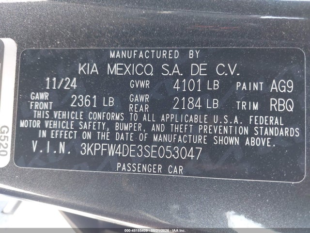 Aukcja sprzedaży 2025 Kia K4 Gt-line, vin: 3KPFW4DE3SE053047, numer aukcji: 45185409