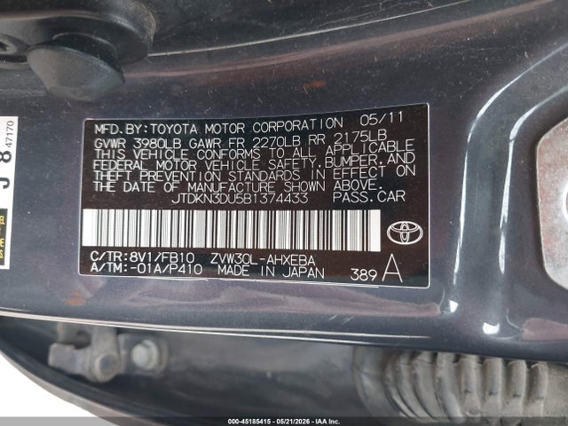 Aukcja sprzedaży 2011 Toyota Prius Three, vin: JTDKN3DU5B1374433, numer aukcji: 45185415