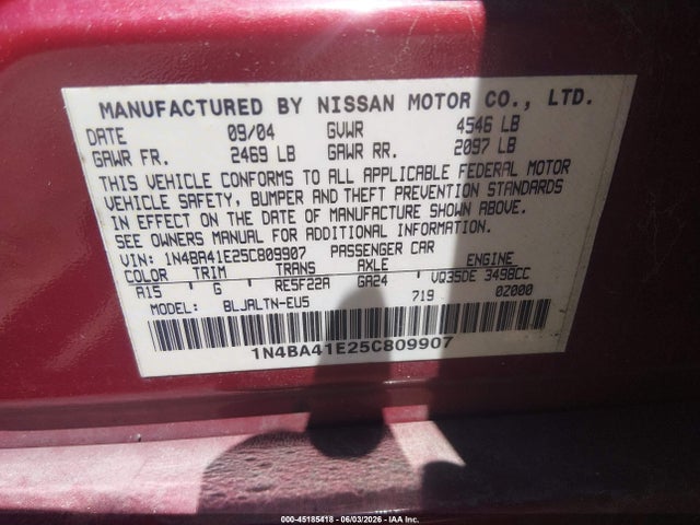 Продажа на аукционе авто 2005 Nissan Maxima 3.5 Se, vin: 1N4BA41E25C809907, номер лота: 45185418