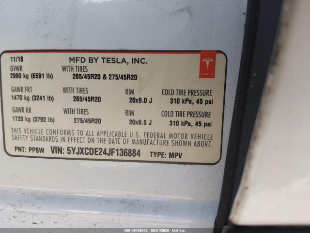 Tesla Model X 100d/75d/p100d 2018 5YJXCDE24JF136884 Image 9