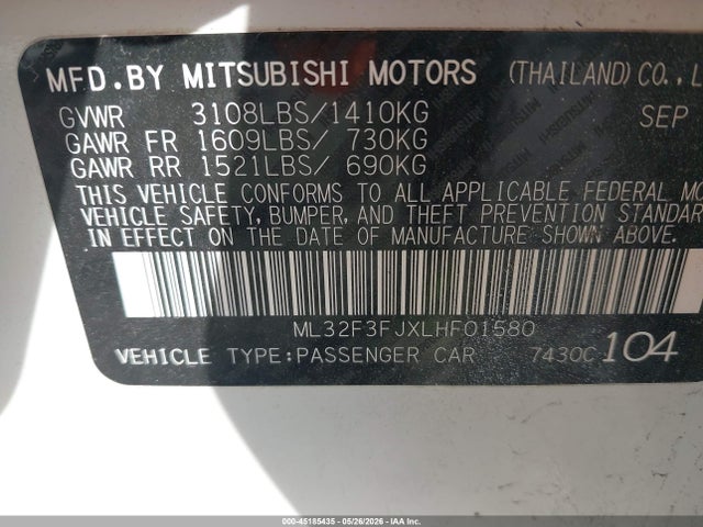 45185435 :رقم المزاد ، ML32F3FJXLHF01580 vin ، 2020 Mitsubishi Mirage G4 Es مزاد بيع