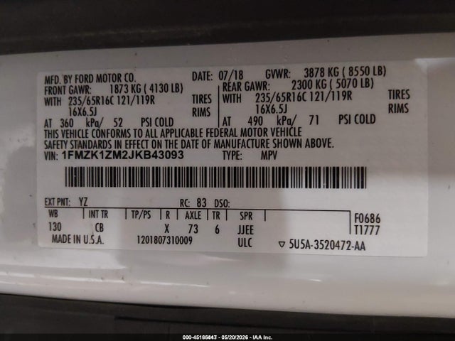 45185447 :رقم المزاد ، 1FMZK1ZM2JKB43093 vin ، 2018 Ford Transit-150 Xl مزاد بيع