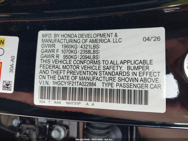 1HGCY1F21TA022884 Honda ACCORD LX