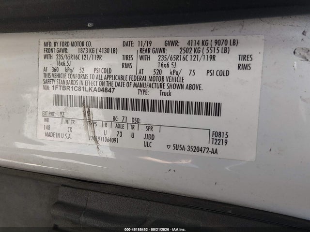 Продаж на аукціоні авто 2020 Ford Transit-250, vin: 1FTBR1C81LKA04847, номер лоту: 45185452