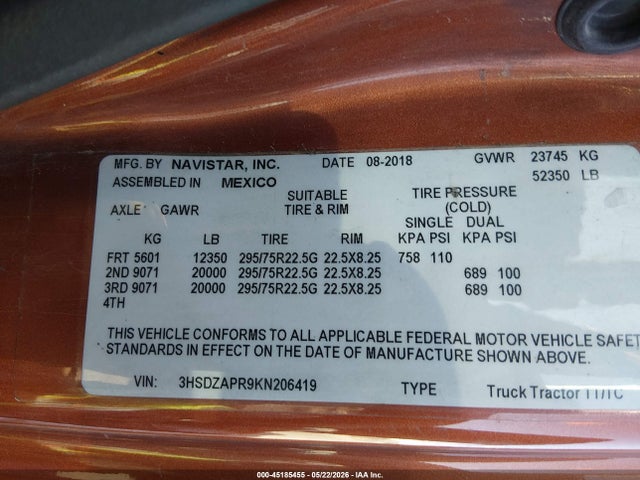 Продаж на аукціоні авто 2019 International Lt, vin: 3HSDZAPR9KN206419, номер лоту: 45185455