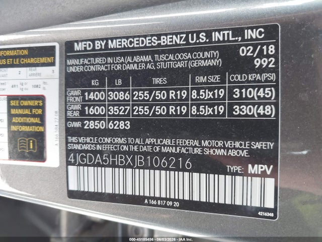 Aukcja sprzedaży 2018 Mercedes-benz Gle 350 4matic, vin: 4JGDA5HBXJB106216, numer aukcji: 45185456