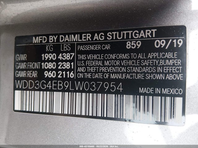 Aukcja sprzedaży 2020 Mercedes-benz A 220, vin: WDD3G4EB9LW037954, numer aukcji: 45185460