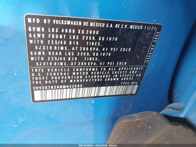 Продаж на аукціоні авто 2022 Volkswagen Taos 1.5t Sel, vin: 3VV2X7B26NM042593, номер лоту: 45185481