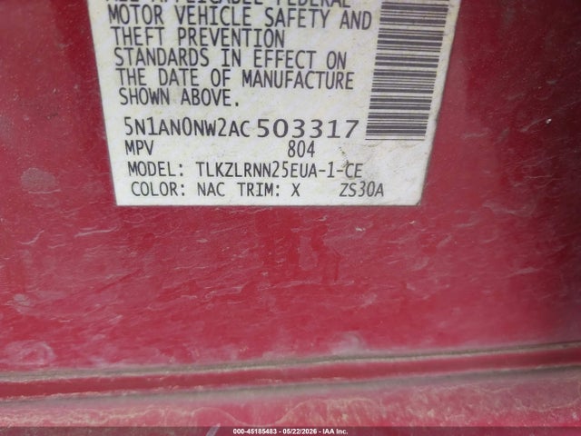 45185483 :رقم المزاد ، 5N1AN0NW2AC503317 vin ، 2010 Nissan Xterra S مزاد بيع