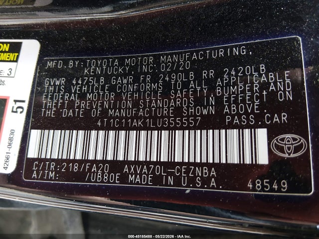 Продажа на аукционе авто 2020 Toyota Camry Le, vin: 4T1C11AK1LU355557, номер лота: 45185488
