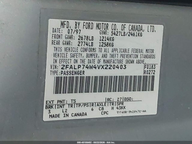 Продаж на аукціоні авто 1997 Ford Crown Victoria Lx, vin: 2FALP74W4VX220403, номер лоту: 45185492