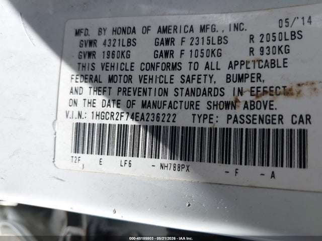 2014 Honda Accord Ex მანქანა იყიდება აუქციონზე, vin: 1HGCR2F74EA236222, აუქციონის ნომერი: 45185503