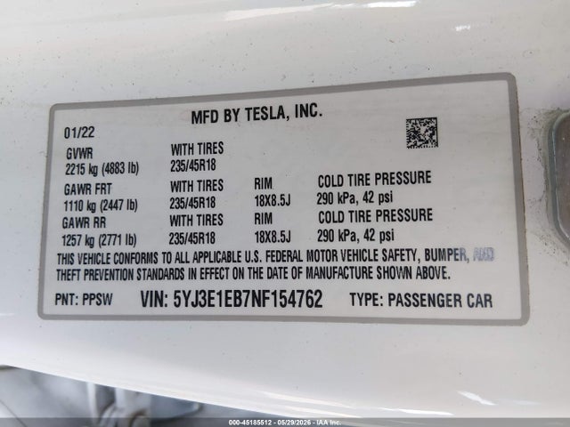 Aukcja sprzedaży 2022 Tesla Model 3 Long Range Dual Motor All-wheel Drive, vin: 5YJ3E1EB7NF154762, numer aukcji: 45185512