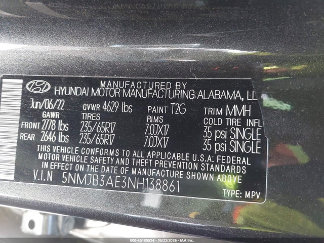 5NMJB3AE3NH138861 Hyundai TUCSON SEL